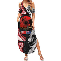 Tonga and New Zealand ANZAC Day Summer Maxi Dress Gallipoli Lest We Forget Ngatu Art Tribal and Maori Tattoo with Fern LT03 Women Black - Polynesian Pride