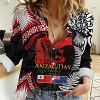 Tonga and New Zealand ANZAC Day Women Casual Shirt Gallipoli Lest We Forget Ngatu Art Tribal and Maori Tattoo with Fern LT03 Female Black - Polynesian Pride