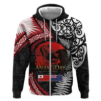Tonga and New Zealand ANZAC Day Zip Hoodie Gallipoli Lest We Forget Ngatu Art Tribal and Maori Tattoo with Fern LT03 Zip Hoodie Black - Polynesian Pride
