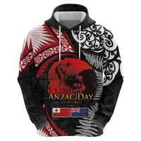 Tonga and New Zealand ANZAC Day Zip Hoodie Gallipoli Lest We Forget Ngatu Art Tribal and Maori Tattoo with Fern LT03 - Polynesian Pride
