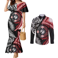 Tonga and New Zealand Together Couples Matching Mermaid Dress and Long Sleeve Button Shirt Ngatu Art Tribal Maori Tattoo and Silver Fern LT03 Black - Polynesian Pride