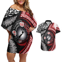 Tonga and New Zealand Together Couples Matching Off Shoulder Short Dress and Hawaiian Shirt Ngatu Art Tribal Maori Tattoo and Silver Fern LT03 Black - Polynesian Pride