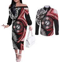 Tonga and New Zealand Together Couples Matching Off The Shoulder Long Sleeve Dress and Long Sleeve Button Shirt Ngatu Art Tribal Maori Tattoo and Silver Fern LT03 Black - Polynesian Pride