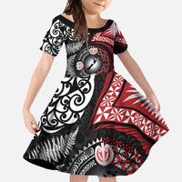 Tonga and New Zealand Together Family Matching Summer Maxi Dress and Hawaiian Shirt Ngatu Art Tribal Maori Tattoo and Silver Fern LT03 Daughter's Dress Black - Polynesian Pride