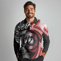 Tonga and New Zealand Together Long Sleeve Polo Shirt Ngatu Art Tribal Maori Tattoo and Silver Fern