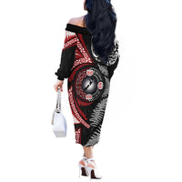 Tonga and New Zealand Together Off The Shoulder Long Sleeve Dress Ngatu Art Tribal Maori Tattoo and Silver Fern LT03 - Polynesian Pride