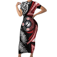 Tonga and New Zealand Together Short Sleeve Bodycon Dress Ngatu Art Tribal Maori Tattoo and Silver Fern LT03 Long Dress Black - Polynesian Pride