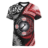 Tonga and New Zealand Together Women V-Neck T-Shirt Ngatu Art Tribal Maori Tattoo and Silver Fern LT03 Female Black - Polynesian Pride