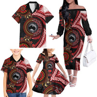 Tonga and Australia Together Family Matching Off The Shoulder Long Sleeve Dress and Hawaiian Shirt Ngatu Art Tribal Aboriginal Tattoo Pattern