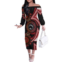 Tonga and Australia Together Family Matching Off The Shoulder Long Sleeve Dress and Hawaiian Shirt Ngatu Art Tribal Aboriginal Tattoo Pattern