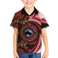 Tonga and Australia Together Family Matching Off The Shoulder Long Sleeve Dress and Hawaiian Shirt Ngatu Art Tribal Aboriginal Tattoo Pattern