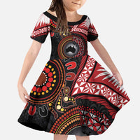 Tonga and Australia Together Family Matching Off Shoulder Maxi Dress and Hawaiian Shirt Ngatu Art Tribal Aboriginal Tattoo Pattern LT03 Daughter's Dress Black - Polynesian Pride