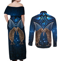 New Zealand Maori Matariki Couples Matching Off Shoulder Maxi Dress and Long Sleeve Button Shirt Hongi Kiwi Bird and Silver Fern LT03 - Polynesian Pride