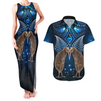 New Zealand Maori Matariki Couples Matching Tank Maxi Dress and Hawaiian Shirt Hongi Kiwi Bird and Silver Fern LT03 Blue - Polynesian Pride