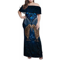 New Zealand Maori Matariki Family Matching Off Shoulder Maxi Dress and Hawaiian Shirt Hongi Kiwi Bird and Silver Fern LT03 Mom's Dress Blue - Polynesian Pride
