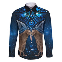 New Zealand Maori Matariki Family Matching Short Sleeve Bodycon Dress and Hawaiian Shirt Hongi Kiwi Bird and Silver Fern LT03 Dad's Shirt - Long Sleeve Blue - Polynesian Pride