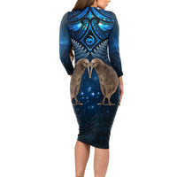 New Zealand Maori Matariki Long Sleeve Bodycon Dress Hongi Kiwi Bird and Silver Fern LT03 - Polynesian Pride