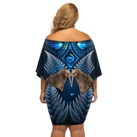 New Zealand Maori Matariki Off Shoulder Short Dress Hongi Kiwi Bird and Silver Fern LT03 - Polynesian Pride