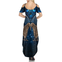 New Zealand Maori Matariki Summer Maxi Dress Hongi Kiwi Bird and Silver Fern LT03 - Polynesian Pride