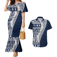 Hawaii Plumeria Tribal Vintage Couples Matching Mermaid Dress and Hawaiian Shirt Special Blue LT03 Blue - Polynesian Pride