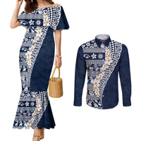 Hawaii Plumeria Tribal Vintage Couples Matching Mermaid Dress and Long Sleeve Button Shirt Special Blue