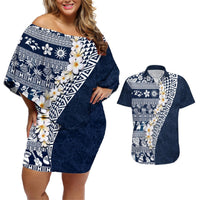 Hawaii Plumeria Tribal Vintage Couples Matching Off Shoulder Short Dress and Hawaiian Shirt Special Blue LT03 Blue - Polynesian Pride