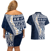 Hawaii Plumeria Tribal Vintage Couples Matching Off Shoulder Short Dress and Hawaiian Shirt Special Blue LT03 - Polynesian Pride