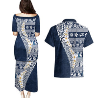 Hawaii Plumeria Tribal Vintage Couples Matching Puletasi and Hawaiian Shirt Special Blue