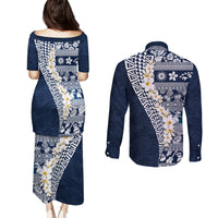 Hawaii Plumeria Tribal Vintage Couples Matching Puletasi and Long Sleeve Button Shirt Special Blue