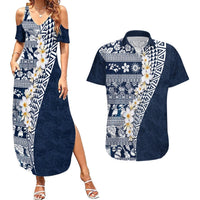 Hawaii Plumeria Tribal Vintage Couples Matching Summer Maxi Dress and Hawaiian Shirt Special Blue LT03 Blue - Polynesian Pride