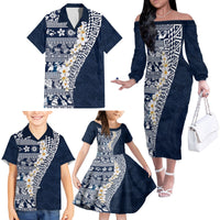 Hawaii Plumeria Tribal Vintage Family Matching Off The Shoulder Long Sleeve Dress and Hawaiian Shirt Special Blue LT03 - Polynesian Pride