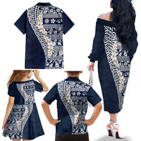 Hawaii Plumeria Tribal Vintage Family Matching Off The Shoulder Long Sleeve Dress and Hawaiian Shirt Special Blue LT03 - Polynesian Pride