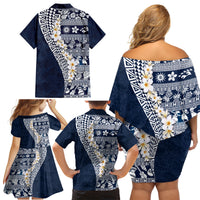 Hawaii Plumeria Tribal Vintage Family Matching Off Shoulder Short Dress and Hawaiian Shirt Special Blue LT03 - Polynesian Pride