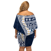 Hawaii Plumeria Tribal Vintage Family Matching Off Shoulder Short Dress and Hawaiian Shirt Special Blue LT03 - Polynesian Pride