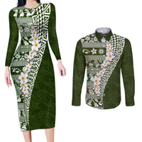 Hawaii Plumeria Tribal Vintage Couples Matching Long Sleeve Bodycon Dress and Long Sleeve Button Shirt Special Green LT03 Green - Polynesian Pride