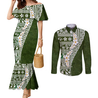 Hawaii Plumeria Tribal Vintage Couples Matching Mermaid Dress and Long Sleeve Button Shirt Special Green LT03 Green - Polynesian Pride