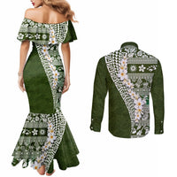 Hawaii Plumeria Tribal Vintage Couples Matching Mermaid Dress and Long Sleeve Button Shirt Special Green LT03 - Polynesian Pride