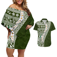 Hawaii Plumeria Tribal Vintage Couples Matching Off Shoulder Short Dress and Hawaiian Shirt Special Green LT03 Green - Polynesian Pride