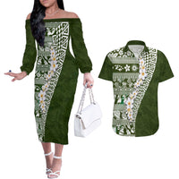 Hawaii Plumeria Tribal Vintage Couples Matching Off The Shoulder Long Sleeve Dress and Hawaiian Shirt Special Green LT03 Green - Polynesian Pride