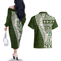 Hawaii Plumeria Tribal Vintage Couples Matching Off The Shoulder Long Sleeve Dress and Hawaiian Shirt Special Green LT03 - Polynesian Pride