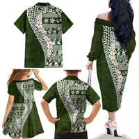 Hawaii Plumeria Tribal Vintage Family Matching Off The Shoulder Long Sleeve Dress and Hawaiian Shirt Special Green LT03 - Polynesian Pride