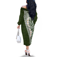 Hawaii Plumeria Tribal Vintage Family Matching Off The Shoulder Long Sleeve Dress and Hawaiian Shirt Special Green LT03 - Polynesian Pride