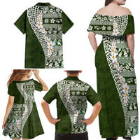 Hawaii Plumeria Tribal Vintage Family Matching Off Shoulder Maxi Dress and Hawaiian Shirt Special Green LT03 - Polynesian Pride