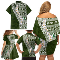 Hawaii Plumeria Tribal Vintage Family Matching Off Shoulder Short Dress and Hawaiian Shirt Special Green LT03 - Polynesian Pride