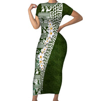 Hawaii Plumeria Tribal Vintage Family Matching Short Sleeve Bodycon Dress and Hawaiian Shirt Special Green LT03 Mom's Dress Green - Polynesian Pride