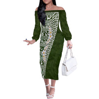Hawaii Plumeria Tribal Vintage Off The Shoulder Long Sleeve Dress Special Green LT03 Women Green - Polynesian Pride