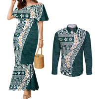 Hawaii Plumeria Tribal Vintage Couples Matching Mermaid Dress and Long Sleeve Button Shirt Special Turquoise LT03 Turquoise - Polynesian Pride