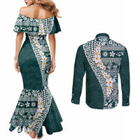 Hawaii Plumeria Tribal Vintage Couples Matching Mermaid Dress and Long Sleeve Button Shirt Special Turquoise LT03 - Polynesian Pride