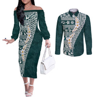 Hawaii Plumeria Tribal Vintage Couples Matching Off The Shoulder Long Sleeve Dress and Long Sleeve Button Shirt Special Turquoise LT03 Turquoise - Polynesian Pride