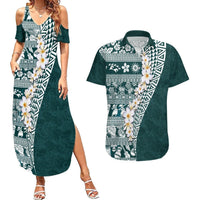 Hawaii Plumeria Tribal Vintage Couples Matching Summer Maxi Dress and Hawaiian Shirt Special Turquoise LT03 Turquoise - Polynesian Pride